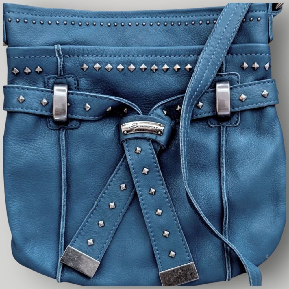 B. MAKOWSKY NWOT Blue Pebbled Leather Studded Crossbody Shoulder bag Handbag - Picture 3 of 6